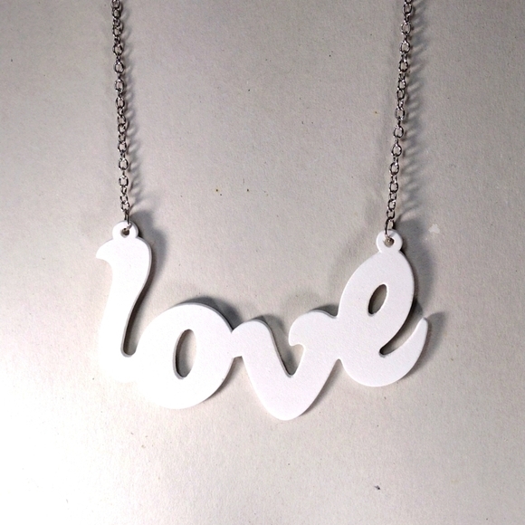 Women's Stunning Polished Silver tone White " LOVE " Design Long Necklace, 34-in - Picture 5 of 6